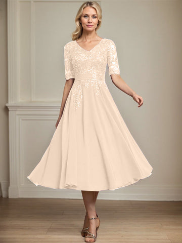 A-line V-Neck Tea-Length Lace Chiffon Mother of the Bride Dress With Sequins