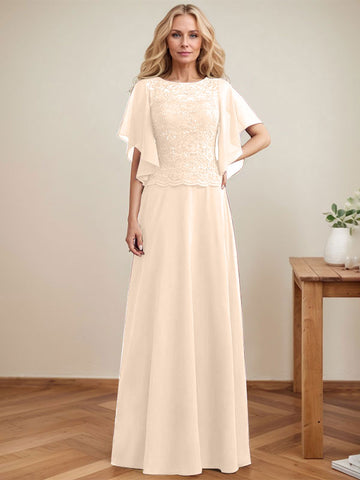A-line Scoop Illusion Floor-Length Lace Chiffon Mother of the Bride Dress With Sequins
