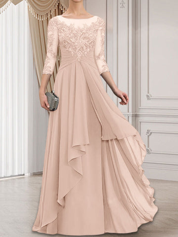A-line Scoop Illusion Floor-Length Lace Chiffon Mother of the Bride Dress With Cascading Ruffles
