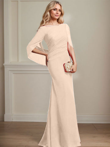Trumpet/Mermaid Boat Neck Floor-Length Chiffon Mother of the Bride Dress With Pleated