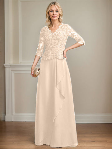 A-line V-Neck Floor-Length Lace Chiffon Mother of the Bride Dress With Cascading Ruffles Sequins