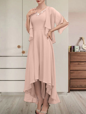 A-line V-Neck Asymmetrical Chiffon Mother of the Bride Dress With Beading Sequins
