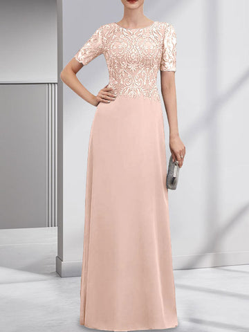 A-line Scoop Floor-Length Lace Chiffon Mother of the Bride Dress With Sequins