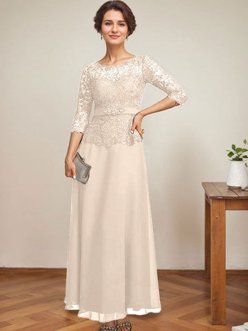A-line Scoop Illusion Ankle-Length Chiffon Lace Mother of the Bride Dress With Rhinestone Beading