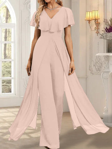 Jumpsuit/Pantsuit V-Neck Floor-Length Chiffon Evening Dress