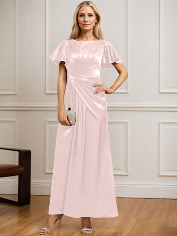 A-line Scoop Ankle-Length Stretch Satin Mother of the Bride Dress With Pleated Beading