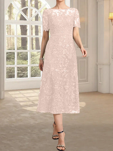 A-line Scoop Illusion Tea-Length Lace Mother of the Bride Dress With Sequins