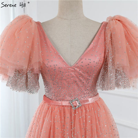 Sale Blush Pink V-Neck Sexy Sparkle Evening Dresses 2025 A-Line Tiered Sequined Tulle Evening Gowns LA60765