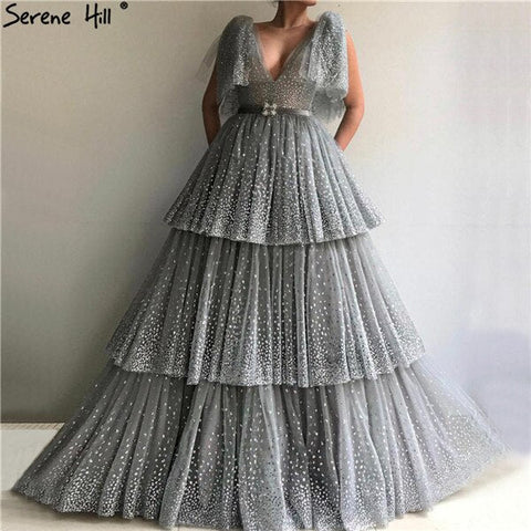 Sale Blush Pink V-Neck Sexy Sparkle Evening Dresses 2025 A-Line Tiered Sequined Tulle Evening Gowns LA60765