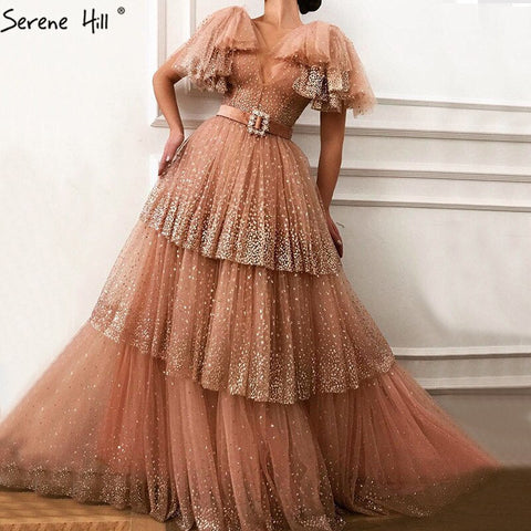 Sale Blush Pink V-Neck Sexy Sparkle Evening Dresses 2025 A-Line Tiered Sequined Tulle Evening Gowns LA60765