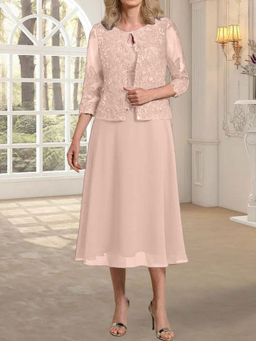A-line Scoop Tea-Length Lace Chiffon Mother of the Bride Dress With Sequins