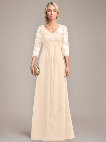 A-line V-Neck Floor-Length Lace Chiffon Mother of the Bride Dress With Cascading Ruffles Sequins