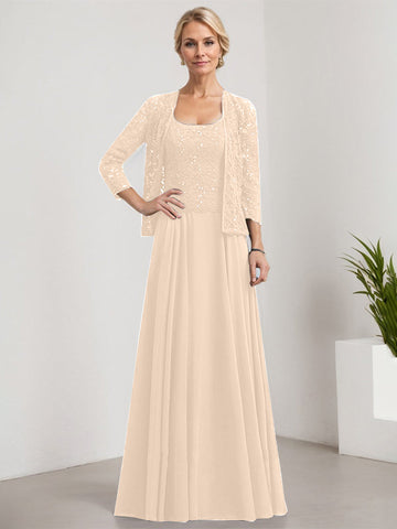 A-line Square Floor-Length Lace Chiffon Mother of the Bride Dress With Sequins