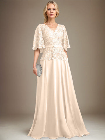 A-line V-Neck Floor-Length Chiffon Lace Mother of the Bride Dress With Crystal Brooch Rhinestone