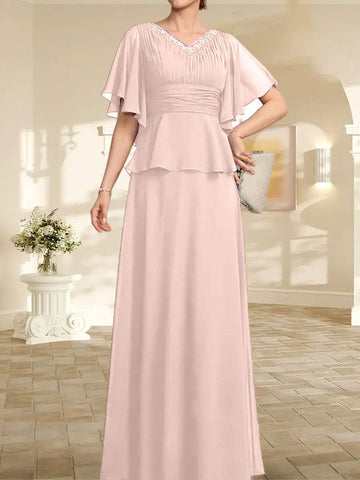 A-line V-Neck Floor-Length Chiffon Mother of the Bride Dress With Pleated Beading