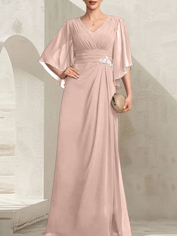 Sheath/Column V-Neck Floor-Length Chiffon Mother of the Bride Dress With Pleated Sequins Beading