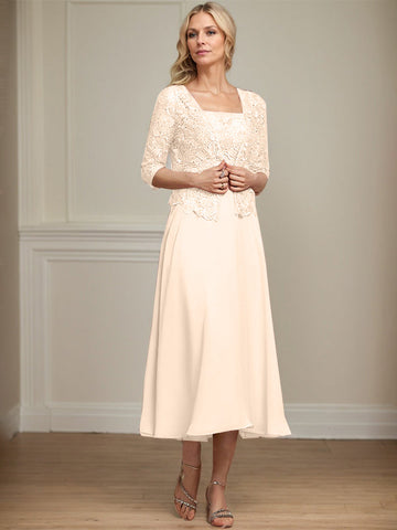 A-line Square Tea-Length Chiffon Lace Mother of the Bride Dress With Sequins Beading