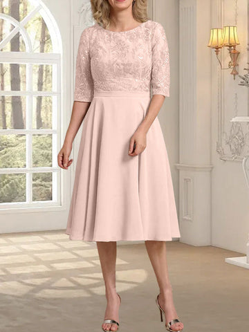 A-line Scoop Knee-Length Lace Chiffon Mother of the Bride Dress