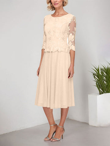 A-line Scoop Tea-Length Lace Chiffon Mother of the Bride Dress With Embroidery