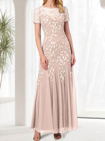 Vestido largo azul de sirena con cuello redondo para la madre de la novia con pedrería