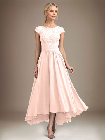 A-line Scoop Illusion Asymmetrical Lace Chiffon Mother of the Bride Dress With Pleated