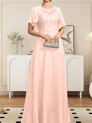 A-line Scoop Illusion Floor-Length Lace Chiffon Mother of the Bride Dress With Sequins