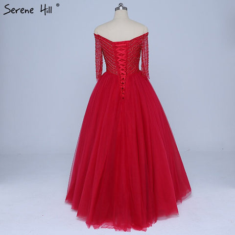 On Sale No Return No Refund Boat Neck Beading Sequined Tulle Evening Dresses Wine Red Sexy Bridal Evening Gown Robe De Soiree 2025 Real Photo LA6393