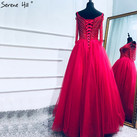 On Sale No Return No Refund Boat Neck Beading Sequined Tulle Evening Dresses Wine Red Sexy Bridal Evening Gown Robe De Soiree 2025 Real Photo LA6393