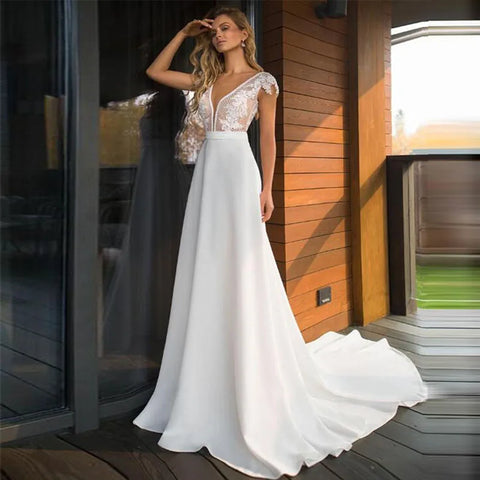Bohemian Deep V-neck Bridal Dresses 2024 Elegant Lace Sticking Flora Back Chiffon Wedding Gowns De Mariée Customized Robe De