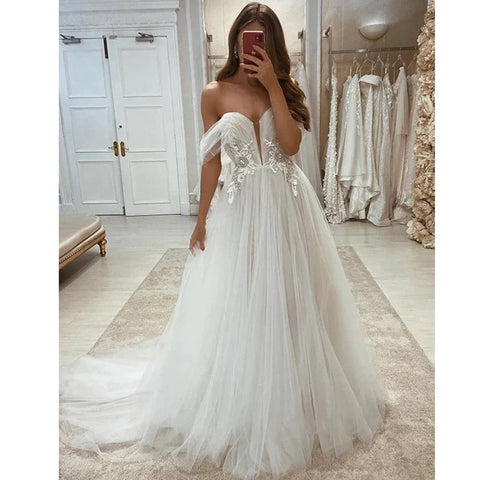 Bohemian Wedding Dresses Sleeveless Shoulder Women Sexy Sweetheart Lace Applique Bridal Gowns Formal Beach Wedding Party Robe De