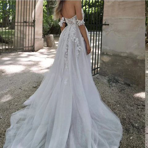 Bohemian Wedding Dresses Women's Sexy and Elegant Side High Split Tulle Lace Applique Off Shoulder Princess Bridal Gowns De