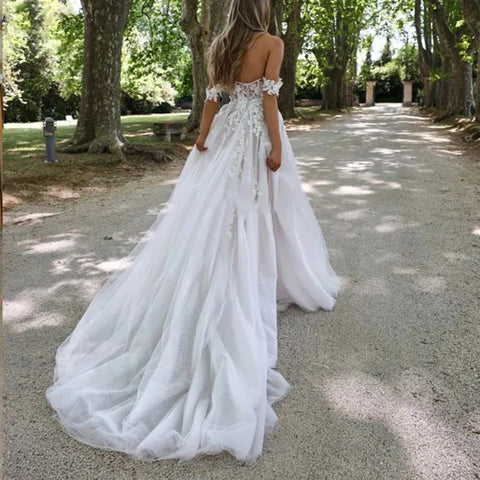Bohemian Wedding Dresses Women's Sexy and Elegant Side High Split Tulle Lace Applique Off Shoulder Princess Bridal Gowns De