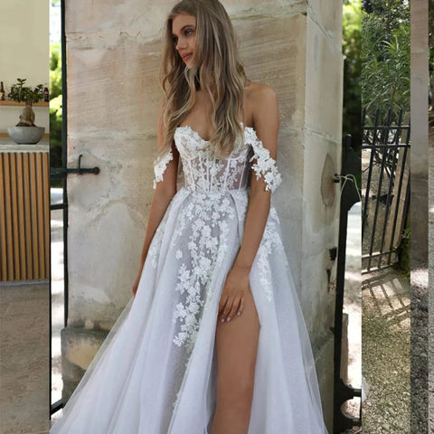 Bohemian Wedding Dresses Women's Sexy and Elegant Side High Split Tulle Lace Applique Off Shoulder Princess Bridal Gowns De