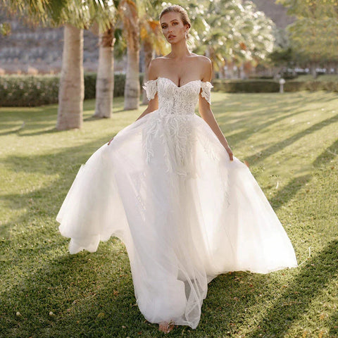 Bohemian Women's Wedding Dresses Sexy Off Shoulder A-Line Sheer Sticker Princess Prom Bridal Gowns  Vestidos De Novia Robe