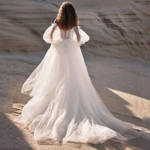 Boho Detachable Off Shoulder Long Puff Sleeves Wedding Dress Sweetheart Appliques Vestido De Noiva A Line Vestidos De Novia