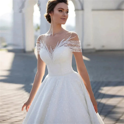 Boho Lace Appliques Wedding Dresses A Line Fuffy Tulle Ball Gowns Sexy Sleeveless Woman's Formal Beach Party Vestido De Novia
