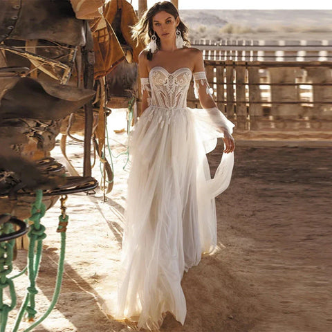 Boho Lace Tassel Tulle Beach Wedding Dresses Sweetheart Neck Off The Shoulder A-Line Illusion Lace Up Backless 2023 Bridal Gowns