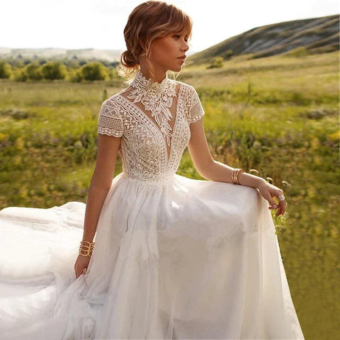 Boho Lace Tulle High Neck Wedding Dresses Women's Cap Sleeves A-Line Bohemian Bridal Gowns Vintage Elegant Robes De Mariée