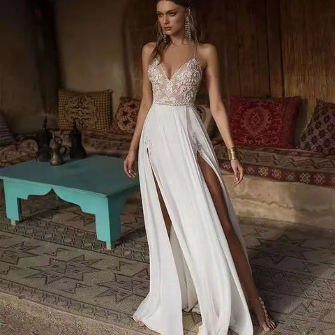 Vestido de novia bohemio, vestido de novia sexy con abertura, vestido de novia playero con escote en V, tirantes finos, espalda descubierta, vestido de novia de gasa.