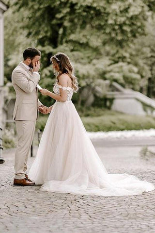 A-line Boho Champagne Off The Shoulder Wedding Dress Bridal Gown WD583