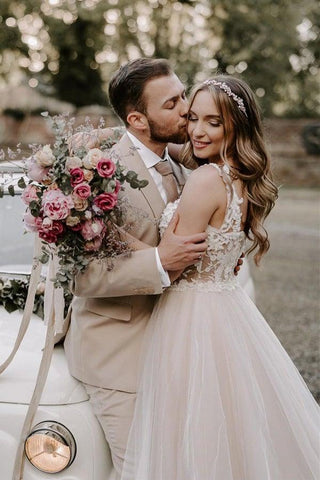 A-line Boho Champagne Off The Shoulder Wedding Dress Bridal Gown WD583