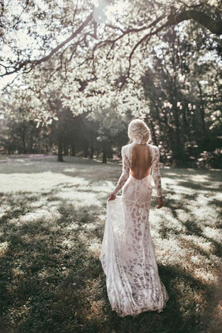 Boho High Neckline Long Sleeves Lace Wedding Dresses Rustic Wedding WD594