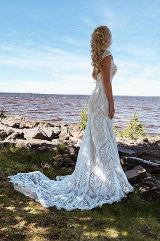 Boho Lace Sheath Sweep Train Sheath Beach Wedding Dresses  WD592