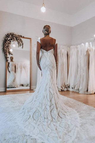 Boho Lace Sheath Sweep Train Sheath Beach Wedding Dresses  WD592