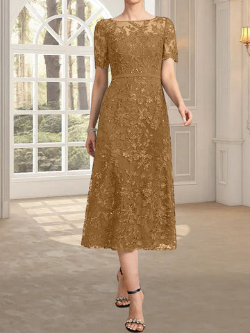 A-line Scoop Illusion Tea-Length Lace Mother of the Bride Dress With Sequins
