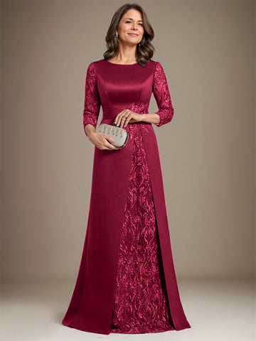 A-Line Scoop Floor-Length Lace Satin Mother Of the Bride Dress With Applique