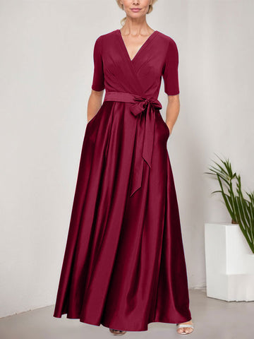 Surplice Neckline Ballgown with Full Satin Skirt & Jersey Bodice