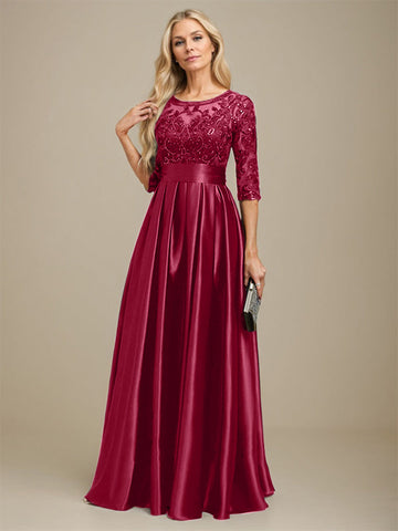 A-line Scoop Illusion Floor-Length Stretch Satin Lace Mother of the Bride Dress With Bow Sequins