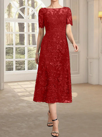 A-line Scoop Illusion Tea-Length Lace Mother of the Bride Dress With Sequins