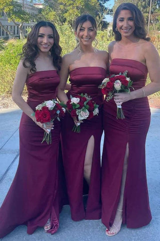 Burgundy Satin Mermaid Strapless Long Bridesmaid Dresses With Slit